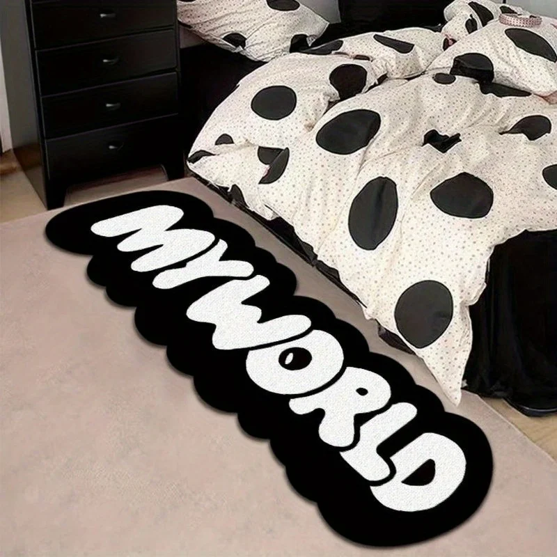 VIKAMA Ins – tapis créatif noir et blanc avec lettres imprimées, pour chambre à coucher, chevet, canapé, couloir, antidérapant, absorbant l'eau