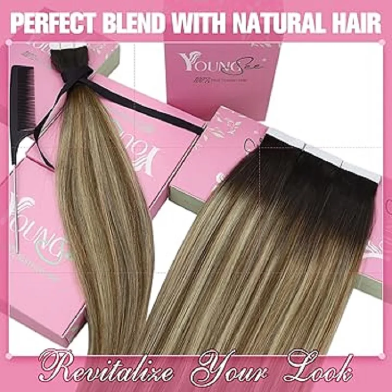 YoungSee Tape in Extensions Remy Human Hair Balayage and Highlight Color 12-24inch 20pcs 30G-50G