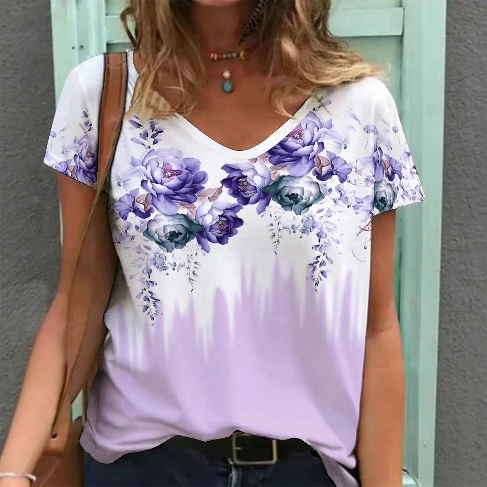 Women Print V Neck Short Sleeve Casual Loose Tunic Tops