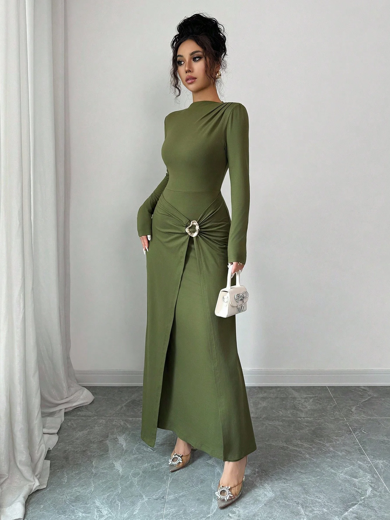 Lente en herfst nieuwe modieuze Franse stijl effen kleur lange jurk