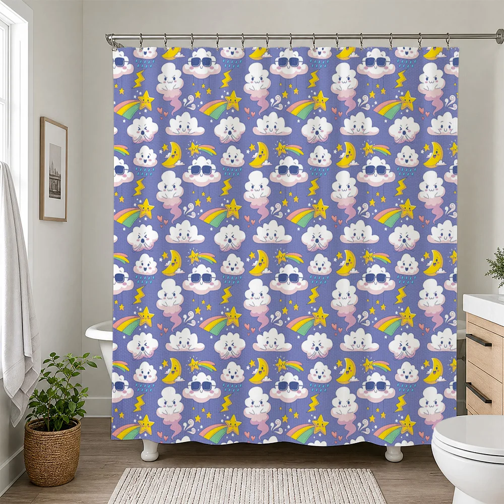 Cute Cloud Rainbow Shower Curtain Kids Bathroom Decor Waterproof Shower Liner Nursery Whimsical Bath Home Decor Accessories