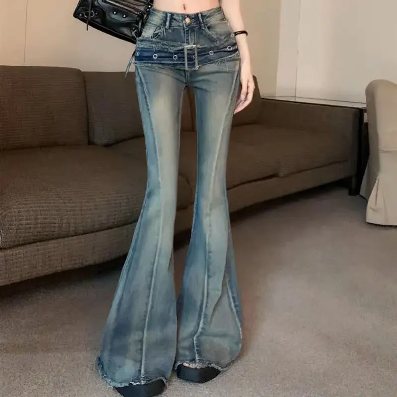 Light Blue Faded High Waist Bootcut Jeans Women Multi Eyelet Double Waist Design Frayed Hem Slim Streetwear Flare Denim Trousers