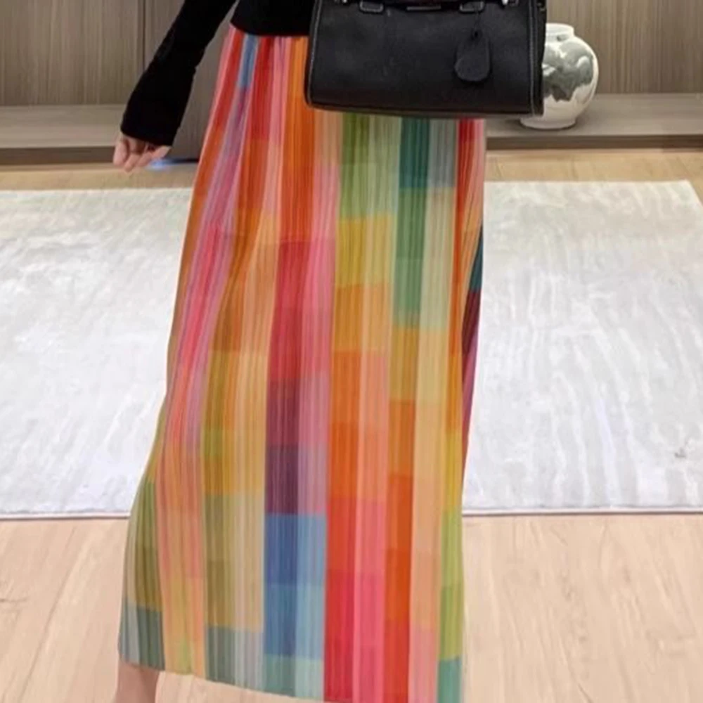 

Bust skirt niche design straight rainbow plaid pleated skirt summer high waist retro printing slim split pleated skirt