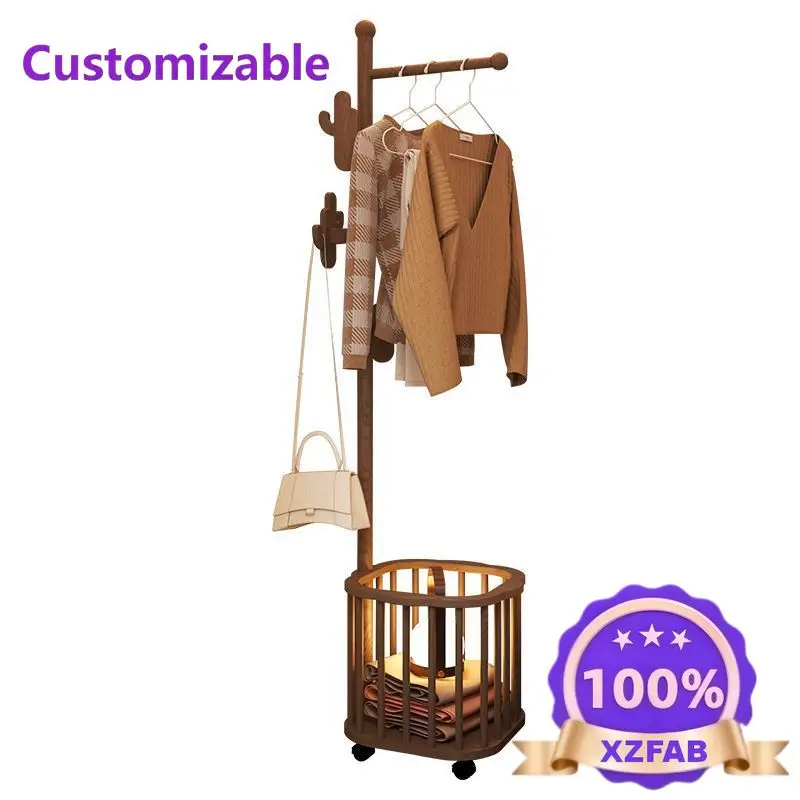 Factory Direct 2026 Solid wood hanger floor to floor clothes artifact bedroom mobile clothes hanger household assembly coat rack
