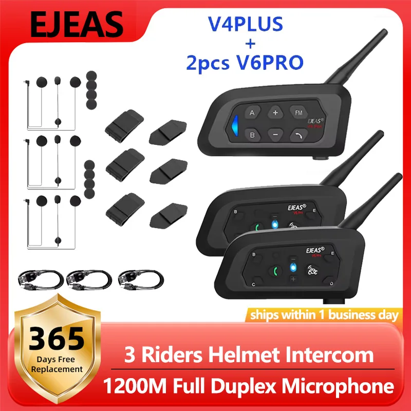 

EJEAS V4 PLUS + 2 шт. V6 PRO 1200M полнодуплексный микрофон Intercomunicador 3 гонщики шлем домофон Bluetooth-гарнитура водонепроницаемая