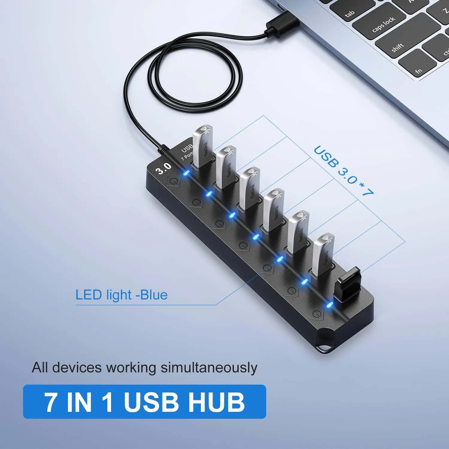 5 uds nueva gran oferta USB Hub 3,0 divisor de 7 puertos con interruptores de encendido/apagado individuales y luces Cable de 1M de largo para Macbook Laptop Surfac