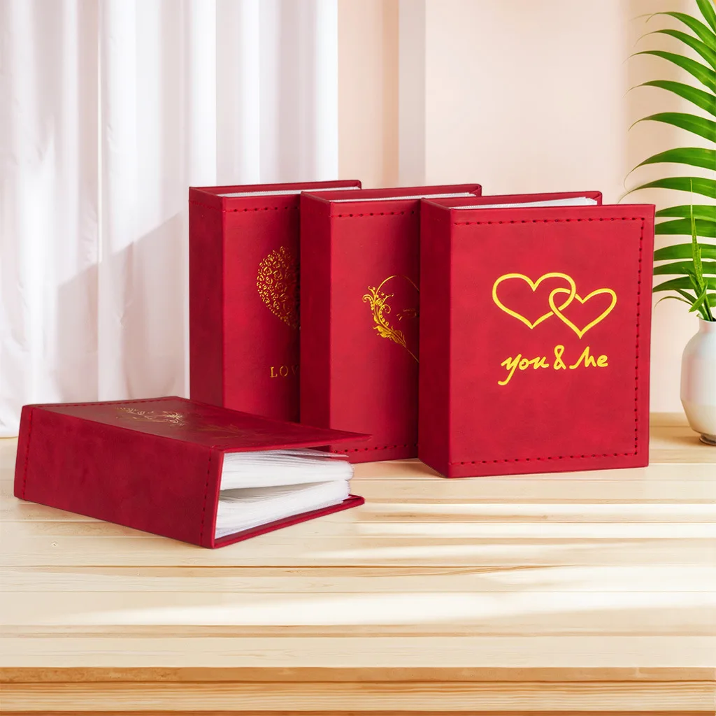 5 Inch 3R Faux Leather Photo Album 100 Pockets, Fit Laminated Photos Gold Foil Baby Footprint Heart Hardcover Family Baby Memory