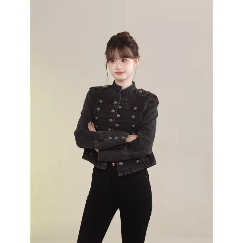Women's Clothing Short Coat New Jeans Jacket Retro Button Design Slim Stand-up Collar Long Sleeves Denim Top Jacket Short Coat - Image 5