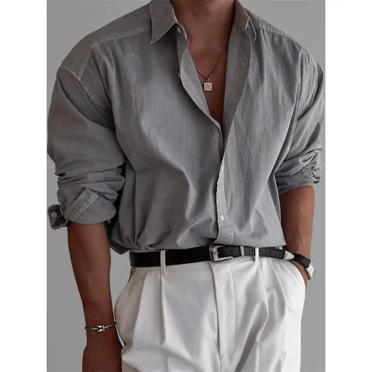 

Slim Fit Long Sleeve Cotton Linen Shirt Men's Hard Man Style Thin Breathable Sun Protection Open Cardigan Workwear Shirt