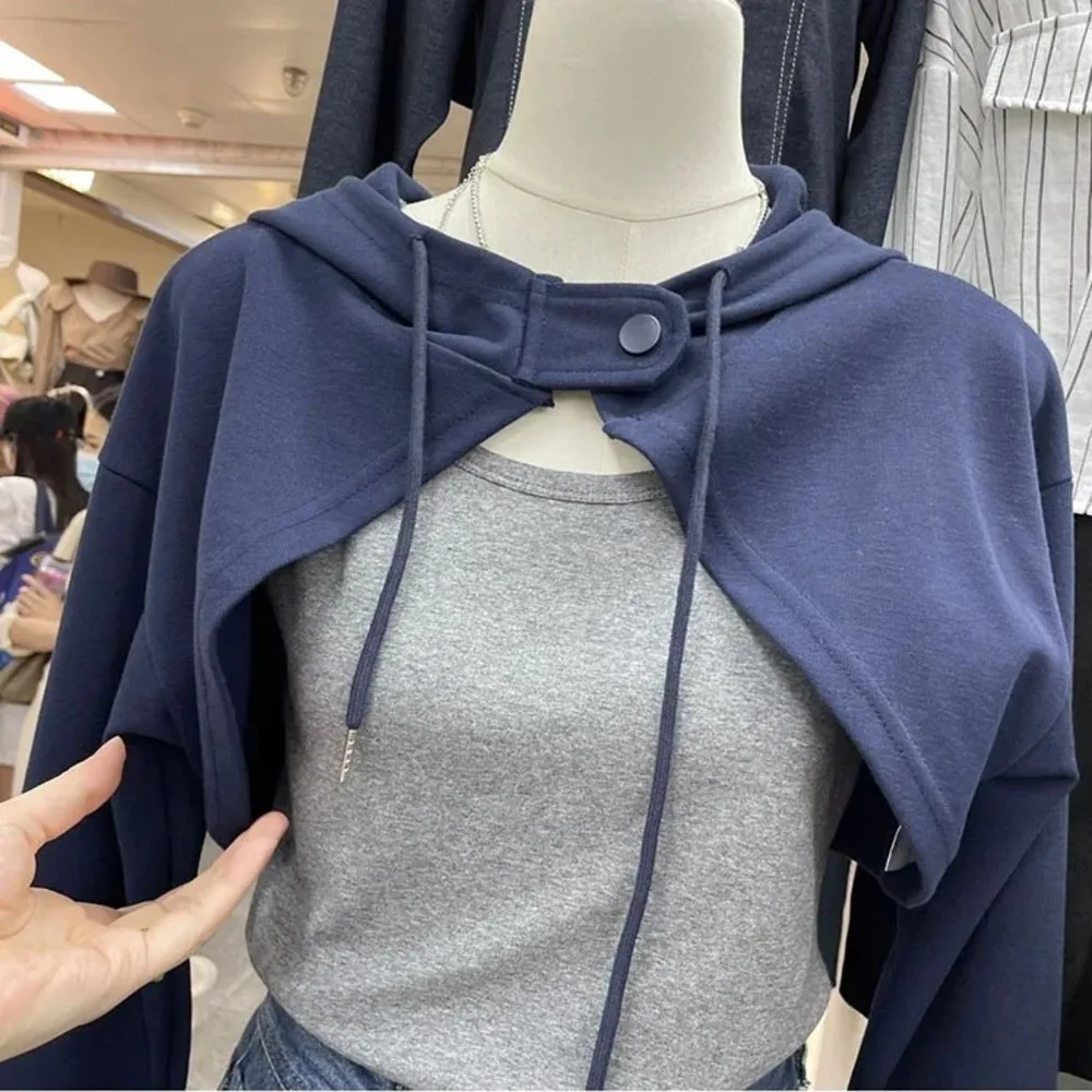 女性のフード付きケープ不規則なクロップトップ、長袖ショール、y2k服、マントスウェットシャツ、個性