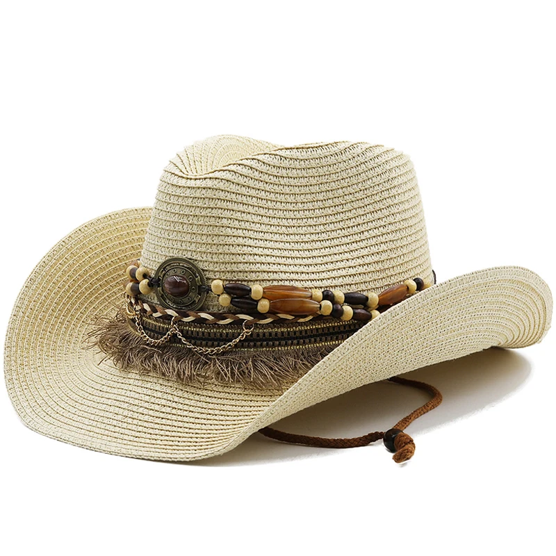 New Shell Tassels cowboy Straw Hats Summer Cooling Beach Sun Hat for Women Men Trendy Woven Breathable Sun Protection Jazz Hat