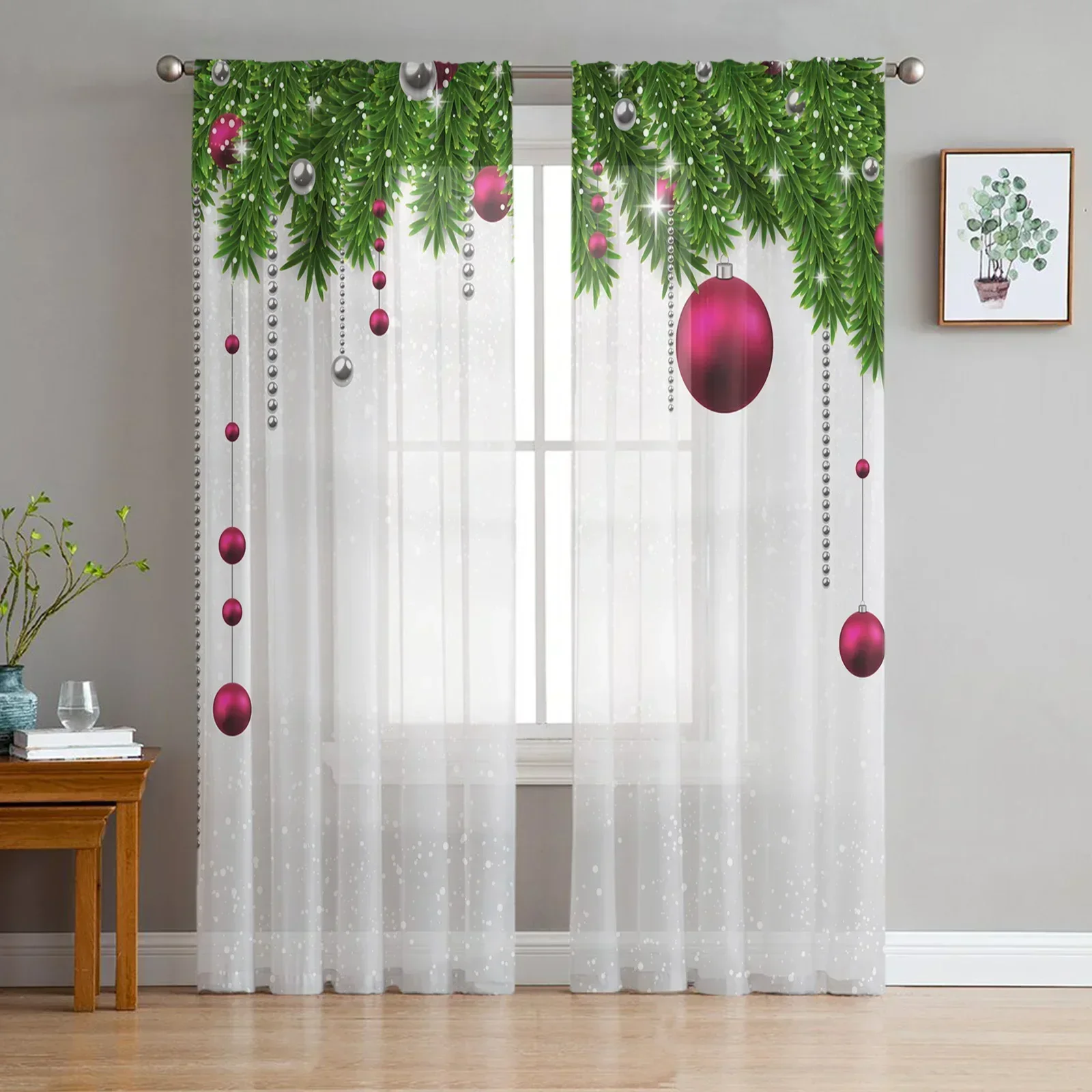 Christmas Tree Leaves Green Red Ball Snowflake Plant Tulle Sheer Window Curtains Living Room Voile Organza Curtains Drapes