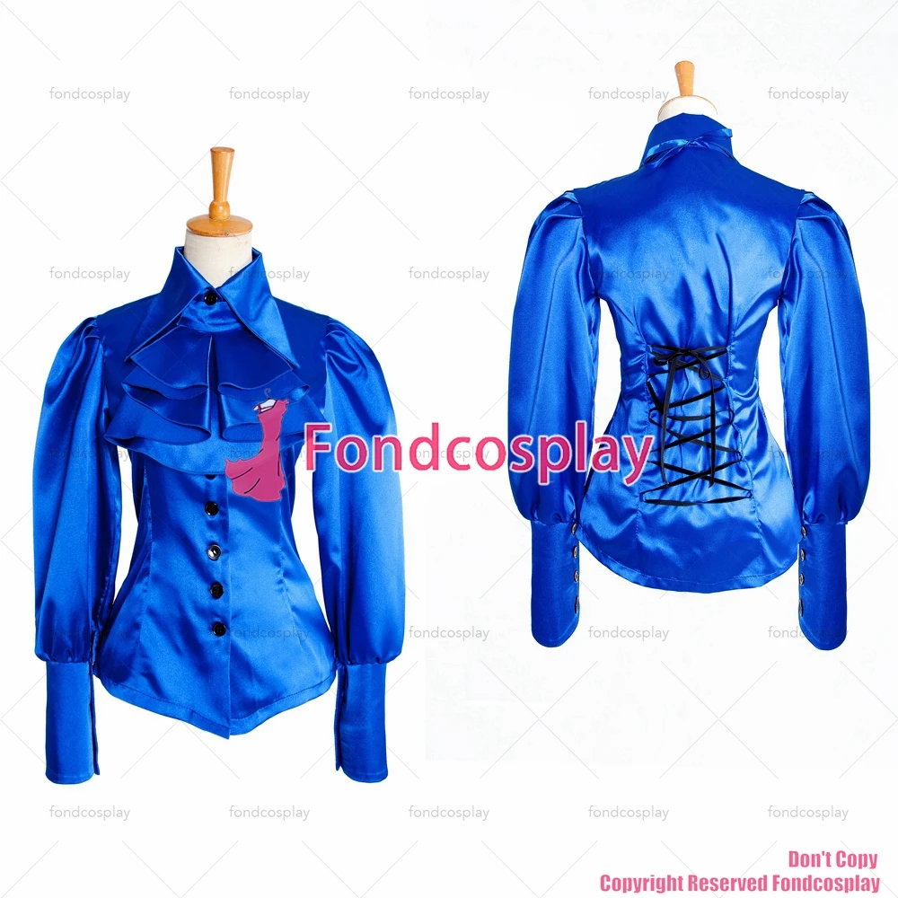 

fondcosplay adult sexy cross dressing sissy maid short Gothic Lolita blue Satin Shirt blouse CD/TV[G1035]