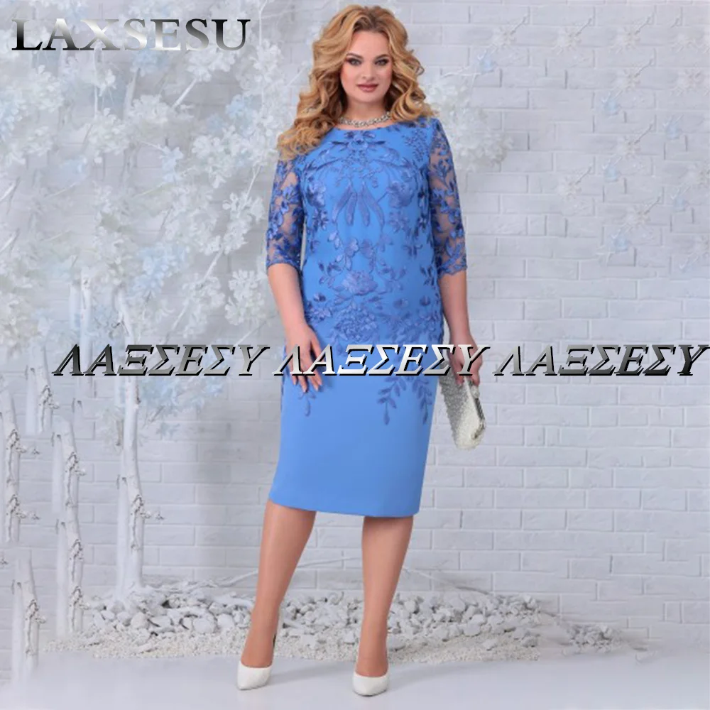 Furtanseo Pink Tea Length Mother Of The Bride Dresses Customized Appliques 4/3 Sleeves Sheer Neck Satin Plus Size Groom 2022