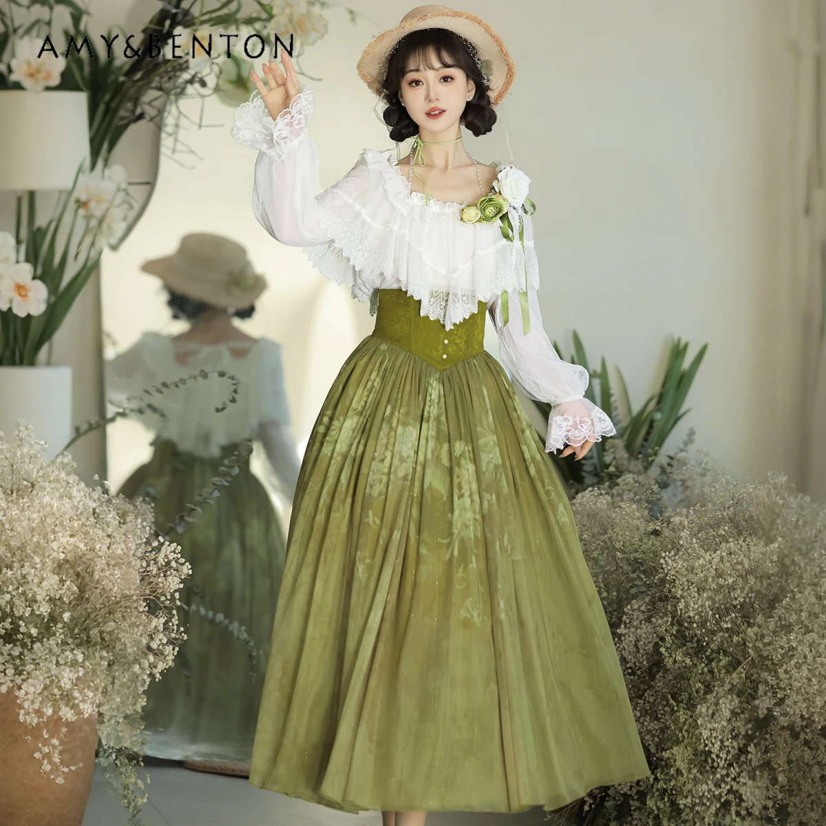 

Graceful Pastoral Retro Lolita CLA Style Elegant Lace Ruffle Lantern Sleeve Blouse SK High Waist Mid-Length Skirt Two-Piece Set