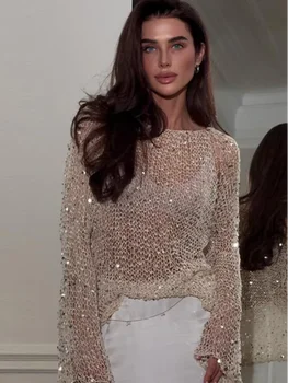 Casual effen pailletten uitgehold dames gebreide trui chique o-hals lange mouw losse basic trui 2025, dame lente woon-werkverkeer breigoed