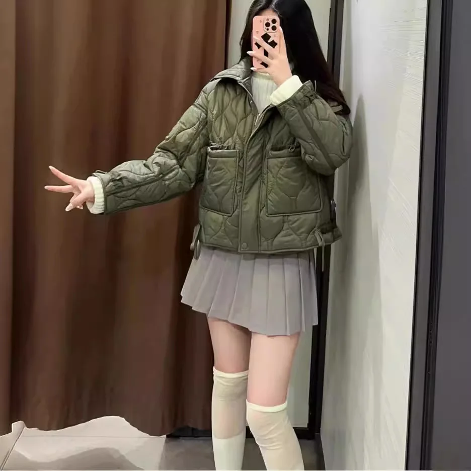 

Diamond Quilted Puffer Jacket Women's Stand Collar Cropped Casual Streetwear Winter Top