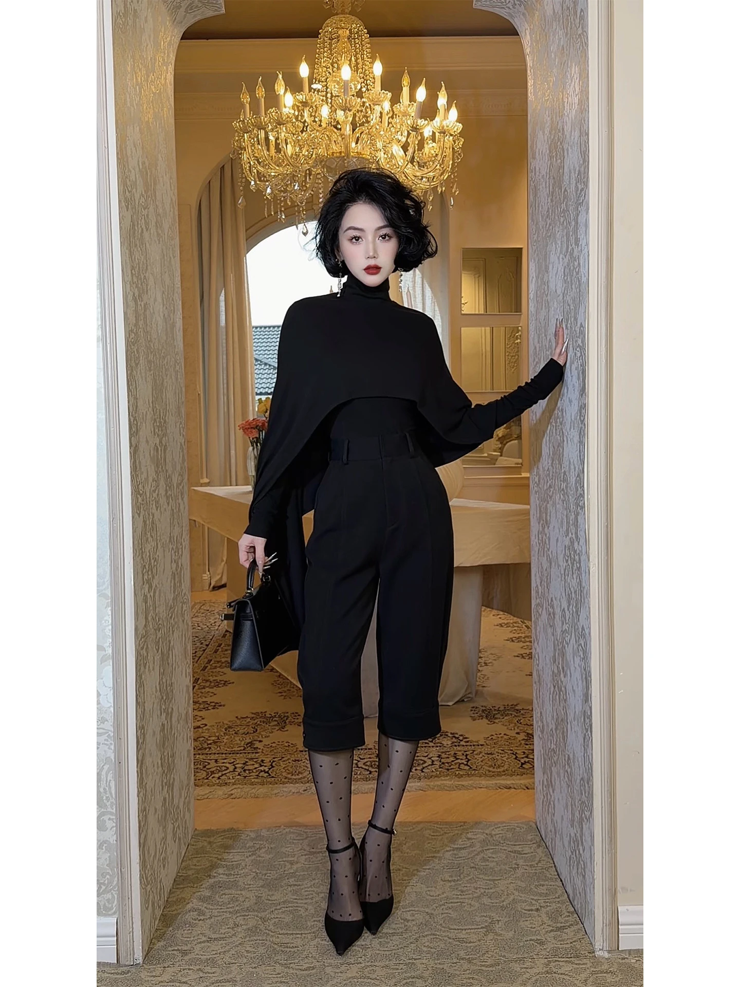 

LYXJ Spring Fashion High Elastic Design Slim Fit Black Cloak Shoulder Pad Top Women's Long Sleeve Cotton Blend Stretchy T-Shirt