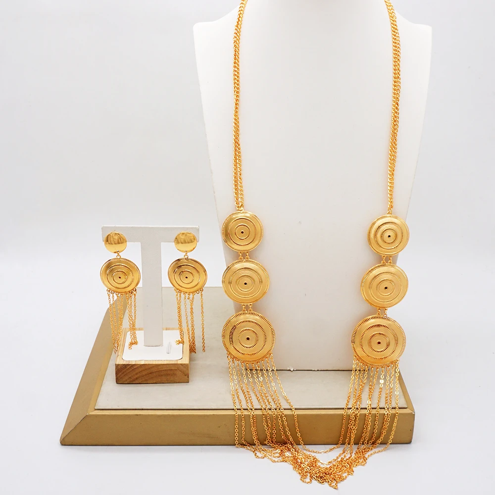 

Gold Color Drop Earrings Necklace Set Fashion Jewellery Women Dubai African Luxury Geometric Earrings Wedding Party Jewelry