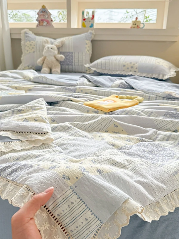 

New Princ Sle Ruffle Double Layer Waed Cotton Summer Quilt Thin Waable Air Conditioner Quilt Bedding Four Piece Set
