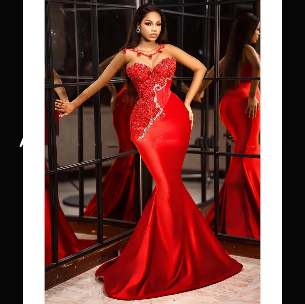 Customized 2026 New Elegant Mermaid Sexy Red Ball Dress With Beaded Sequins Transparent Long Sleeved Slim Fit Sexy Party Dress