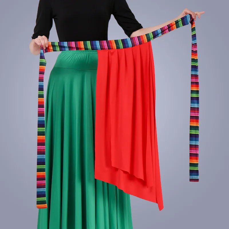 Aangepaste Chinese natie Tibetaanse dansvoorstelling kostuum eendelige schort regenbooglint rok buikdans riem