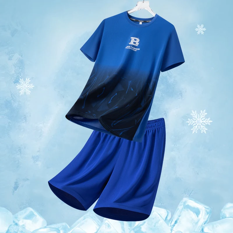 

Men's Casual Sports Ice Silk Sets Letter Printed T Shirt Jogger Shorts Outdoor Jogging Basketball Training Fitness 2 Piece Suit