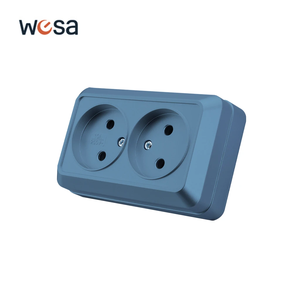 

WESA Blue Wall Surface 2 Socket Plug EU Exterior Electrical Outlets No Ground Outdoor Power Socket Flame Retardant Paint Plastic