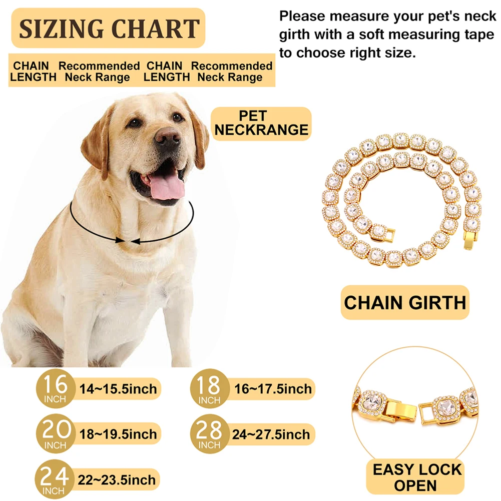 Dog Collar Chain Diamond Cuban Collar Necklace For Small Medium Large Dogs 13MM Tennis Chain Pet Items Accessories Jewelry