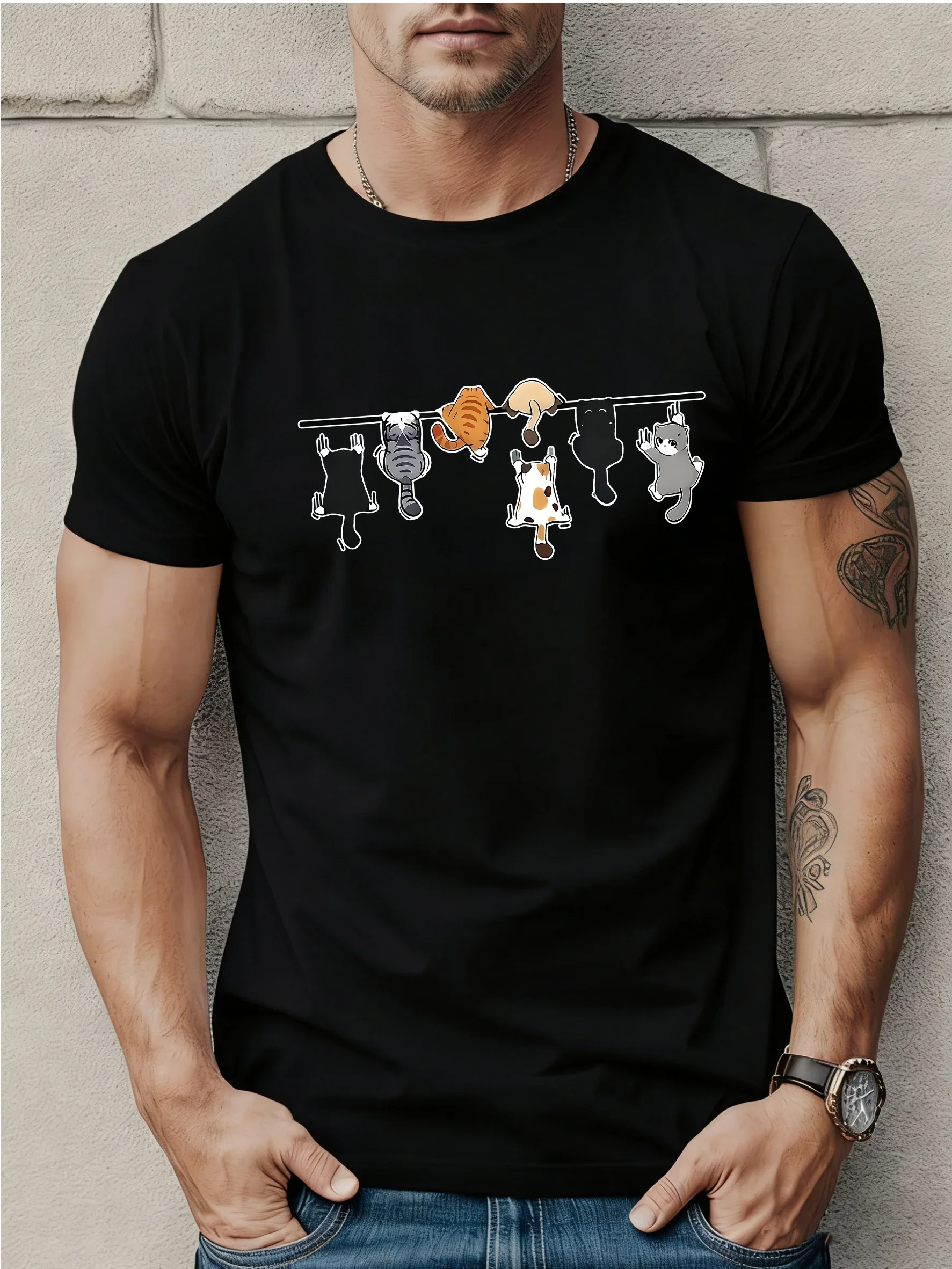 Funny Cartoon Cat Graphic T Shirt for Men 3D Hanging Cats Line Print T-shirt Summer Casual Short Sleeve Trend Streetwear Tops