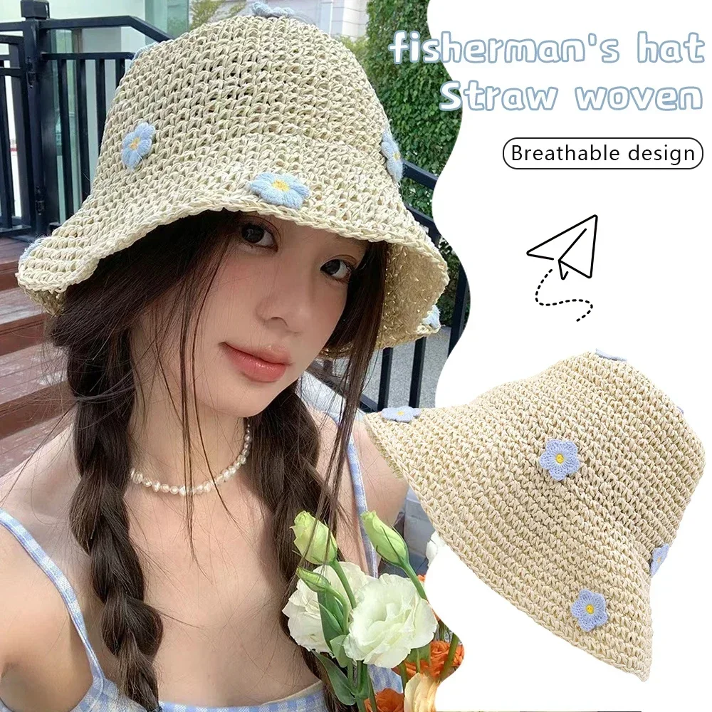 Women Summer Sun Hat Straw Crochet Bucket Hat Women\'s Foldable Panama Cap UV Sun Cap Boho Flowers Outdoor Vacation Sunscreen