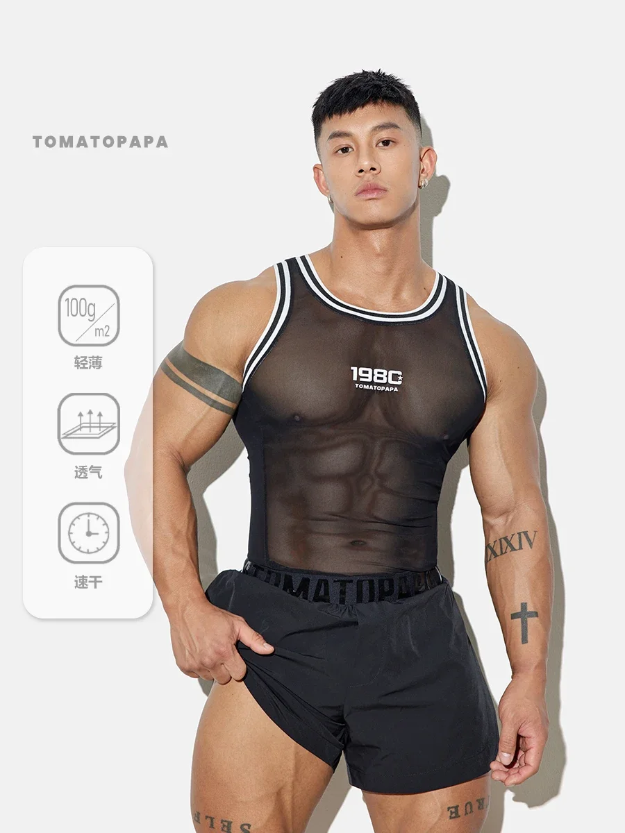 

Breathable Mesh Vests Summer see through sleeveless men sports fitness tank Top Sexy plus size knitted t shirt streetwear