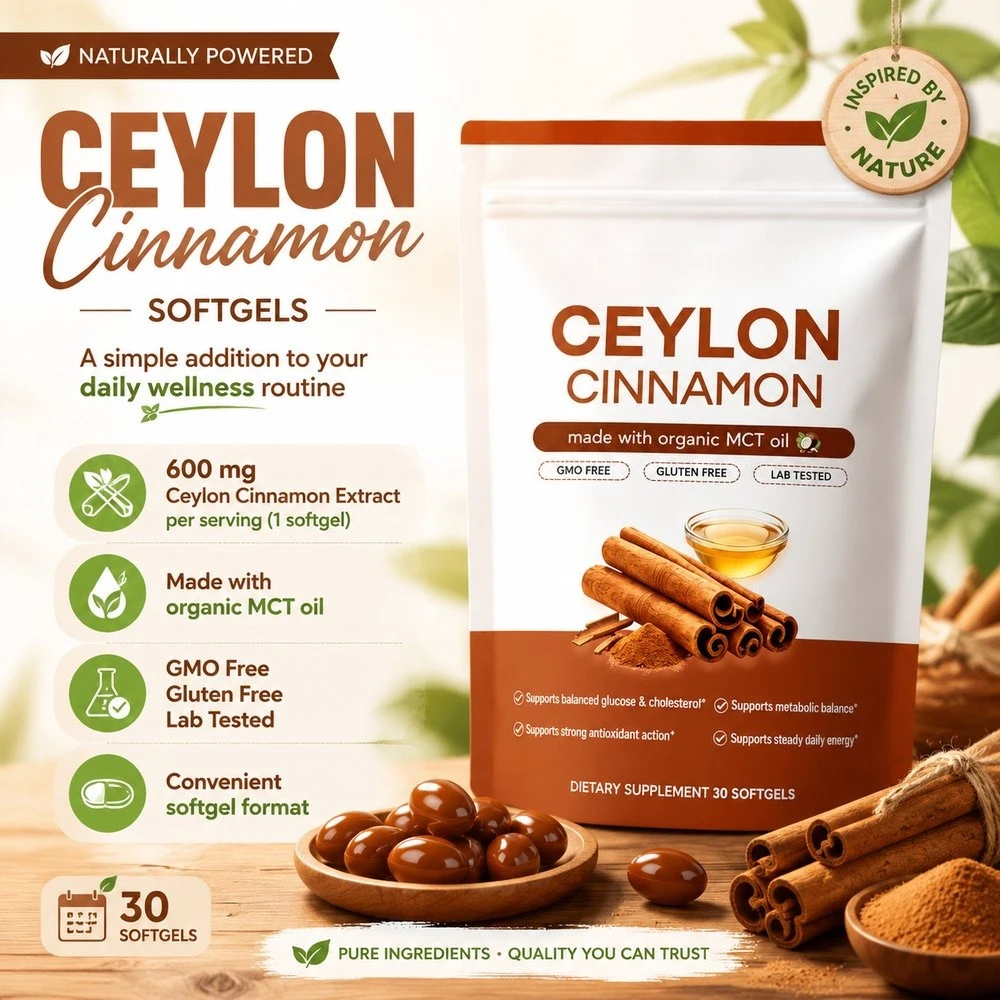 Ceylon Cinnamon Softgels Made with Organic MCT Oil, Non-GMO Gluten Free, Supports Metabolic Balance & Antioxidant, 30 Softgels