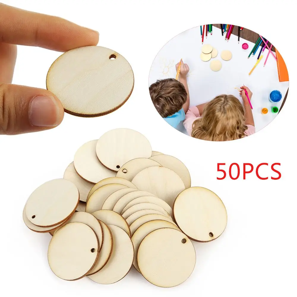 50pcs Round Shape Natural Wooden Ornament Scrapbooking Wood DIY Craft Home Decoration Handmade Wood Piece Hanging Pendant