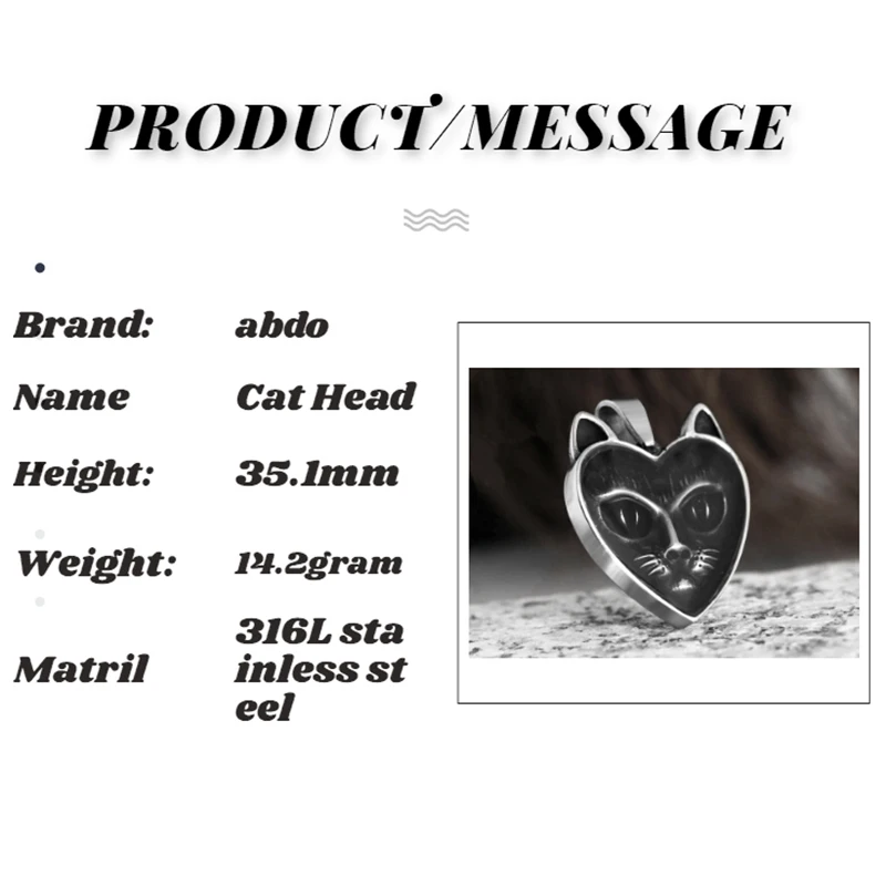 Engrave Stainless Steel Heart Shape With Cat Head Pendant Necklace Animal Cute Fashion Vintage Men Women Jewelry Couple Gift