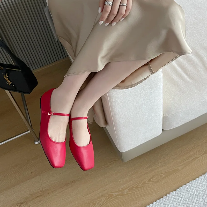 

Red Flat Shoes Women Elegant Mary Jane Shoes Fall Square Toe Pumps Comfort Low Heel Ladies Office Dress Shoes Big Size 42 43