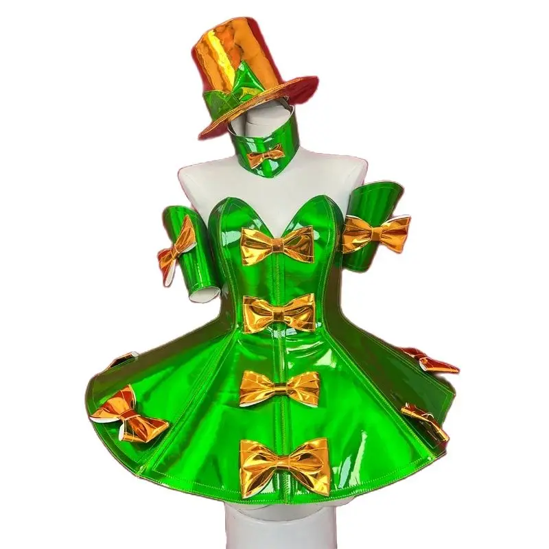 녹색 빨간색 나비넥타이 파티 드레스 모자 섹시한 고고 댄서 의상 여성 코스프레 축제 의상 무대 공연 레이브 의류 XS7276