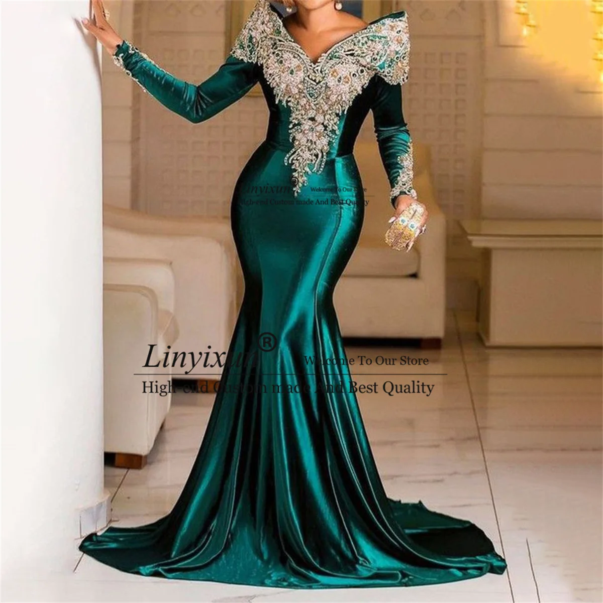 Elegant Green Mermaid Prom Dresses Appliques Beaded Long Formal Evening Party Gowns Off Shoulder Court Train vestidos de gala