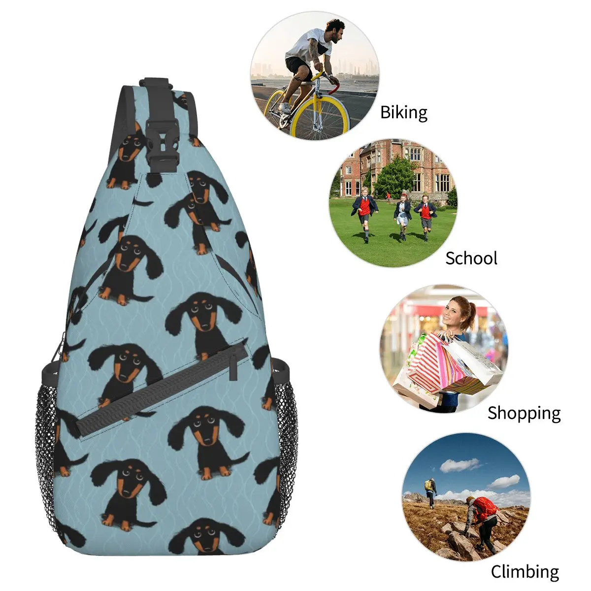 Longhaired Dachshund Puppy Dog Sling Bags Chest Crossbody Shoulder Backpack Travel Hiking Daypacks Animal Fashion Satchel