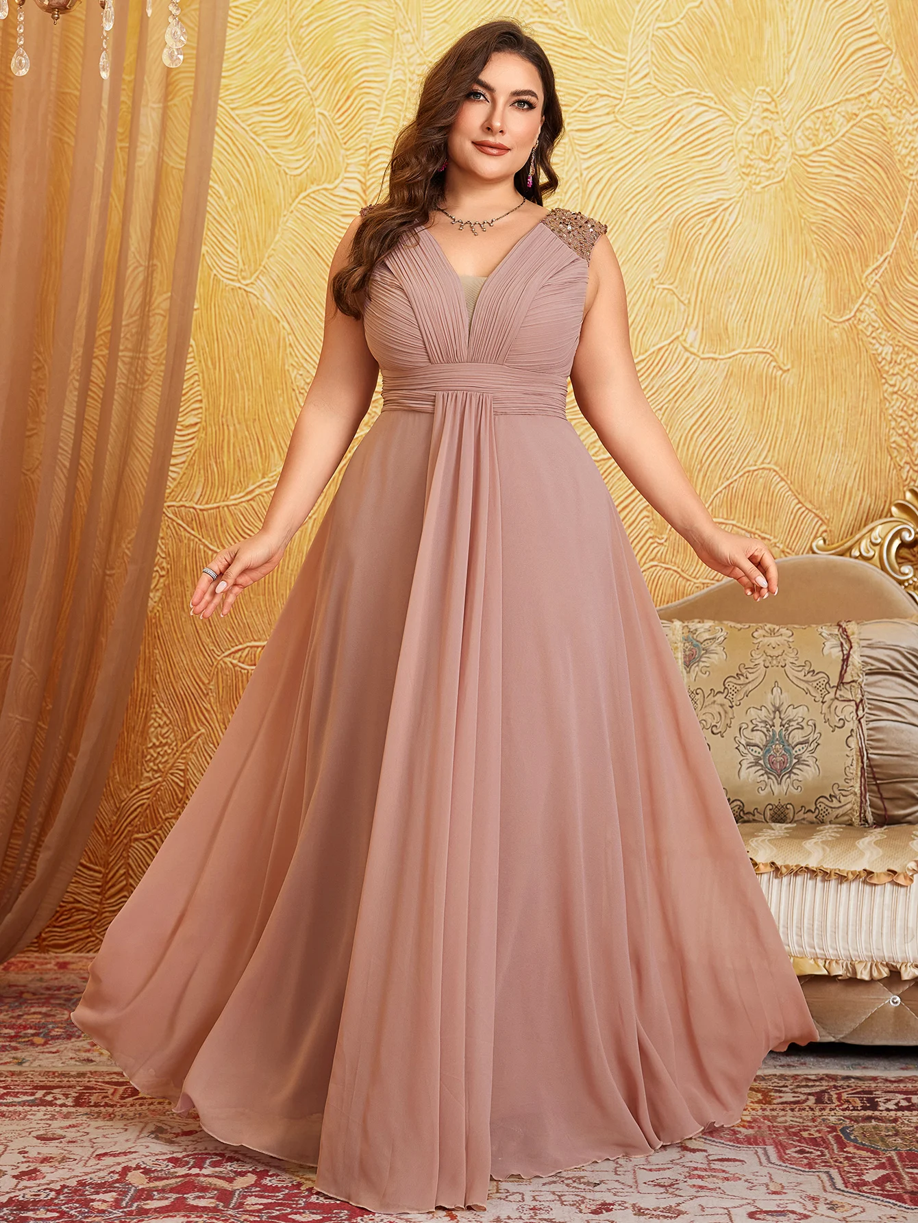 Unithorse Plus Size V-Neck Bez rękawów Biust Ruched Cekinowa patchworkowa szyfonowa sukienka