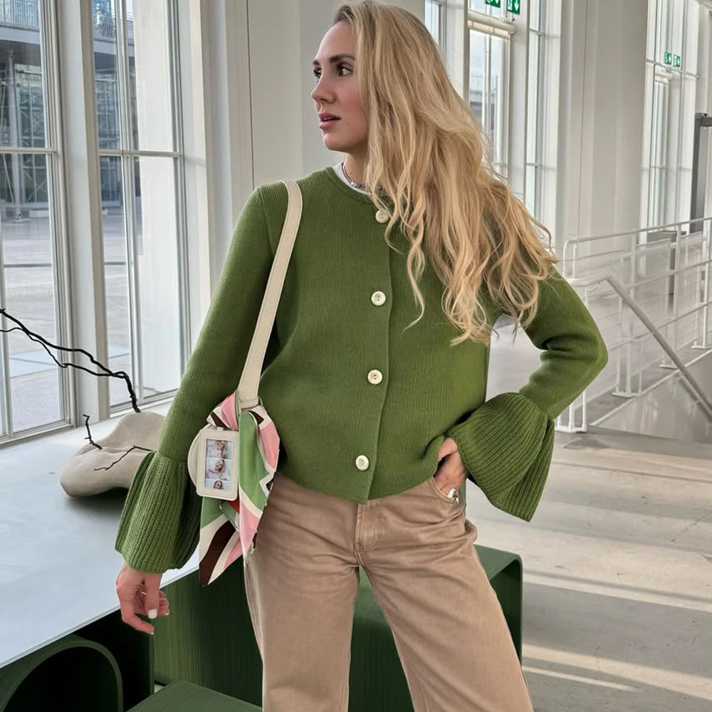 

Talenza Autumn Casual Cardigan New Solid Bell Sleeve Loose Button Knitted Jacket Retro Streetwear Women Knitted Sweater Outfits