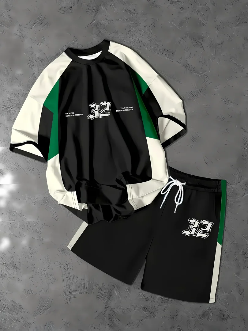 

Summer new men's pullover round neck T-shirt sports suit letter printed soft men's short sleeved shorts two-piece T-shirt set