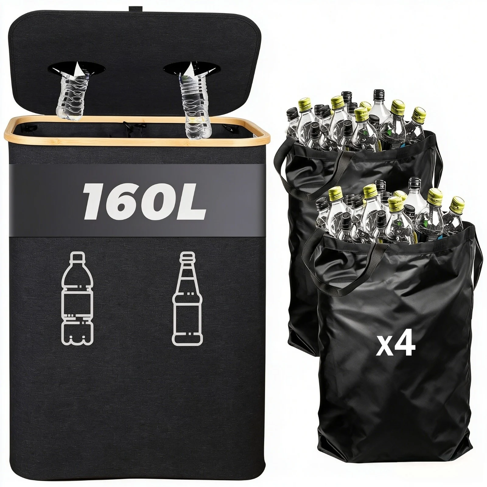 Collecteur de bouteilles pliable avec 4 sacs de transport, conteneur de collecte de bouteilles vides, poubelle, boîte de rangement pour le recyclage des bouteilles