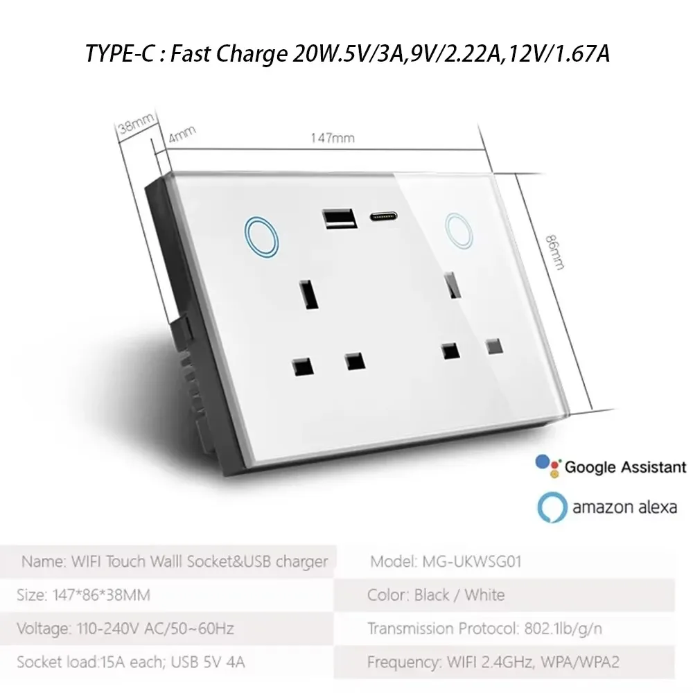 Shawader Smart WiFi UK Socket Inteligentne sterowanie dotykowe USB Type-C PD 20W Monitorowanie energii elektrycznej, sterowanie głosowe, Alexa Google Home