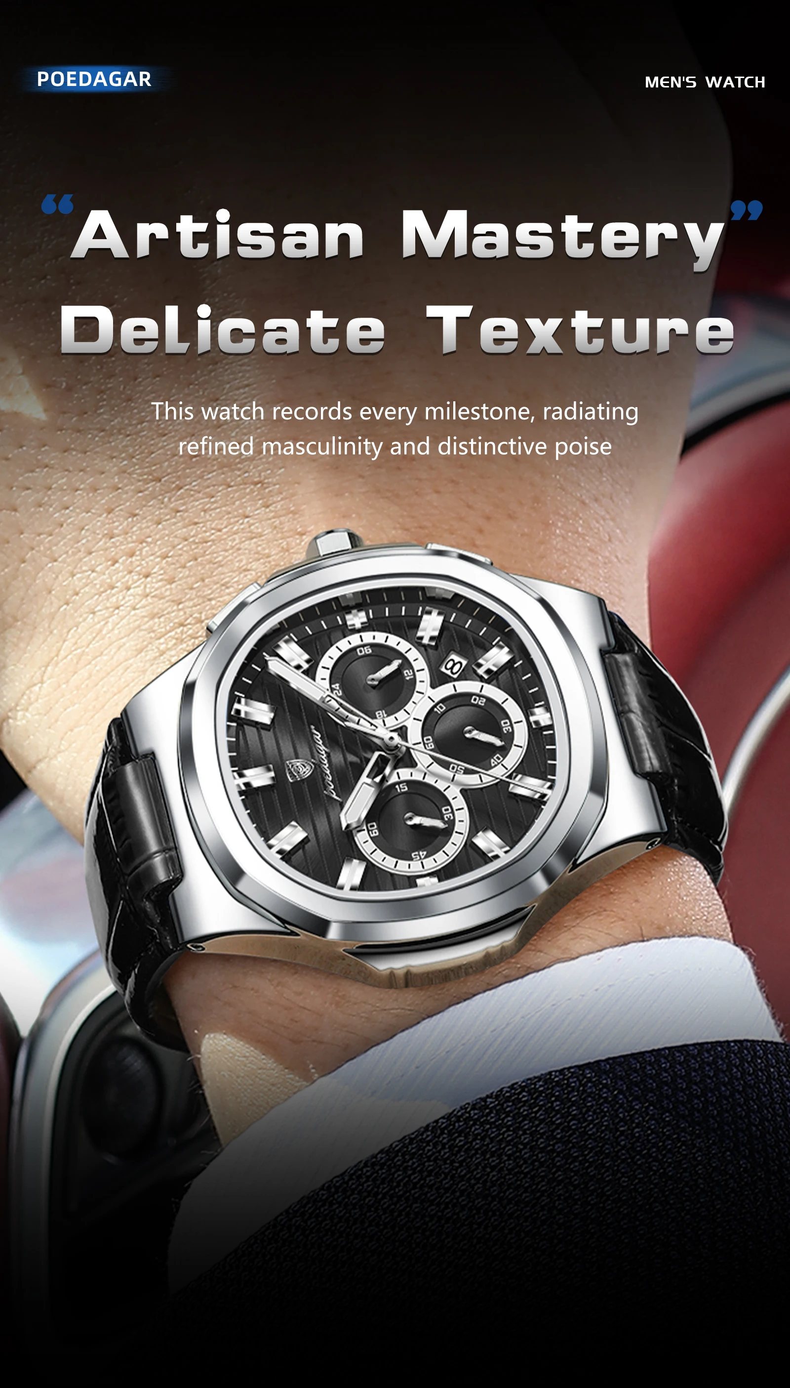 POEDAGAR Luxus-Herrenarmbanduhr, wasserdicht, leuchtend, Leder, modische Herrenuhr, Datumsanzeige, Chronograph, Quarz, elegante Herrenuhren, Reloj – Detail 14
