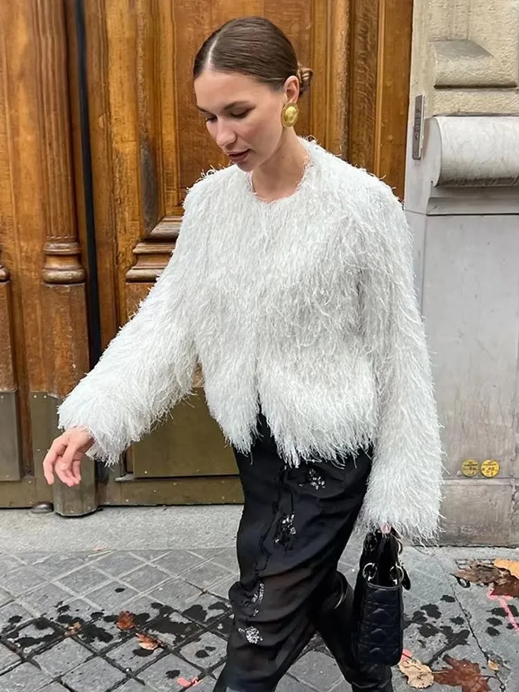 HH Women Elegant Solid Fluffy Faux Fur Coat O Neck Long Sleeve Jacket 2024 Autumn Winter Fashion Lady High Street Outerwear