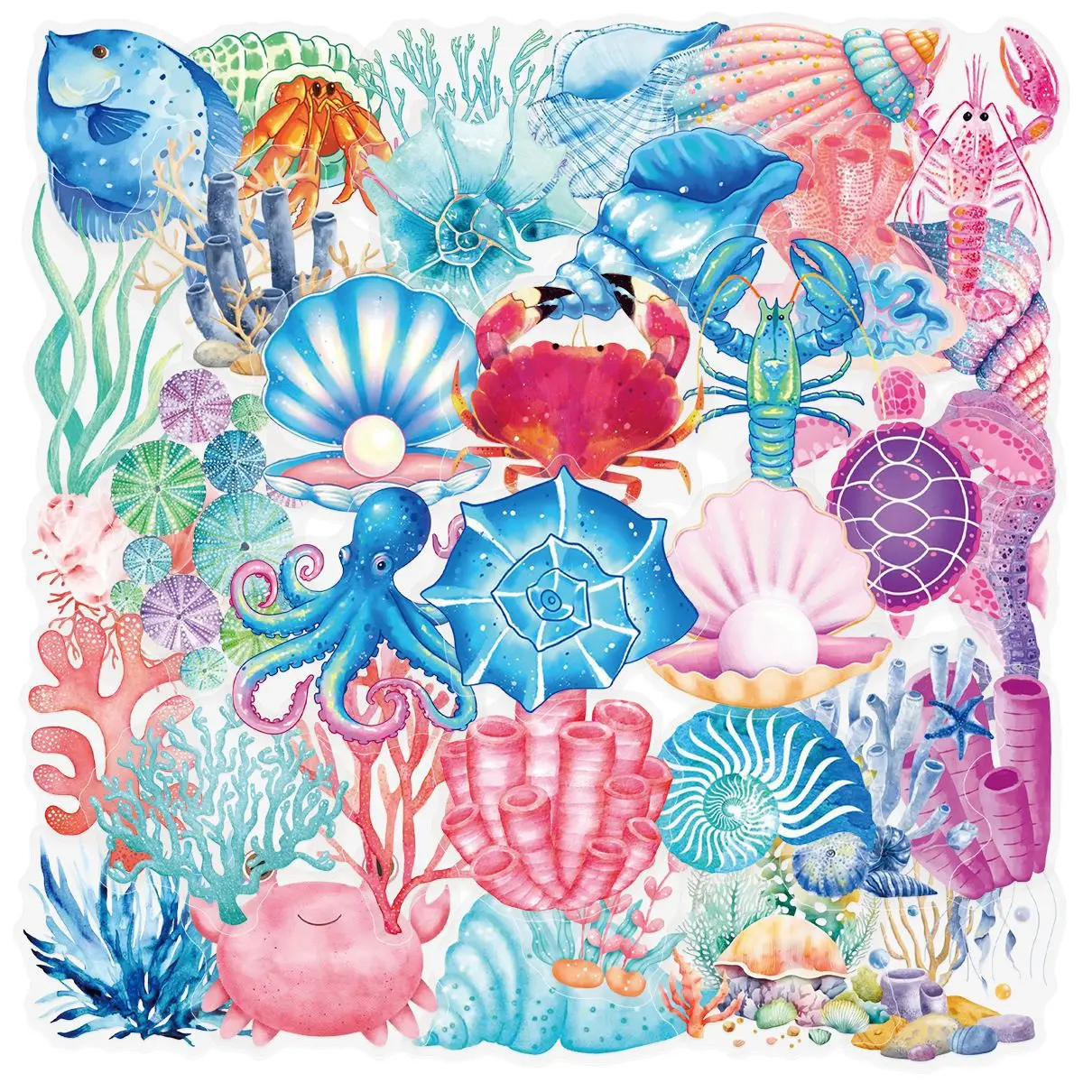 

50PCS Cartoon Marine Animal Coral Shell Sticker Transparent Doodle Decal Children's Toy Gifts for Skateboard Motorcycle Helmet