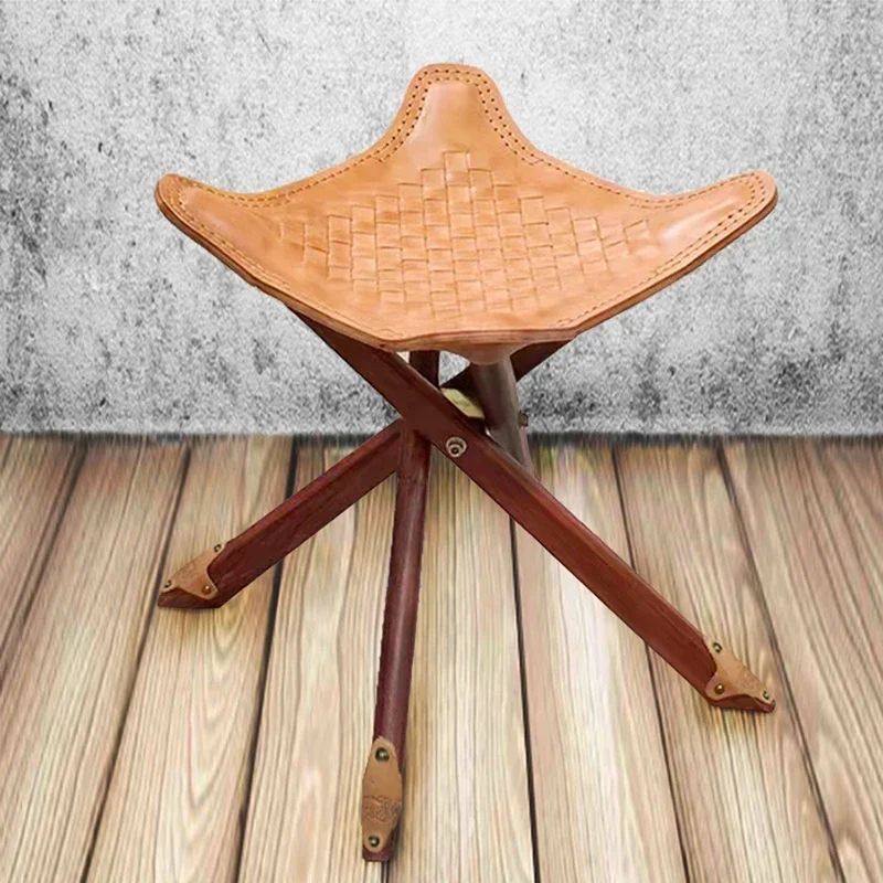 Ottoman Solid Wood Leather Footstool Portable Cowhide Shoe Changing Bench Comfortable Living Room Stool Vintage Folding Stool