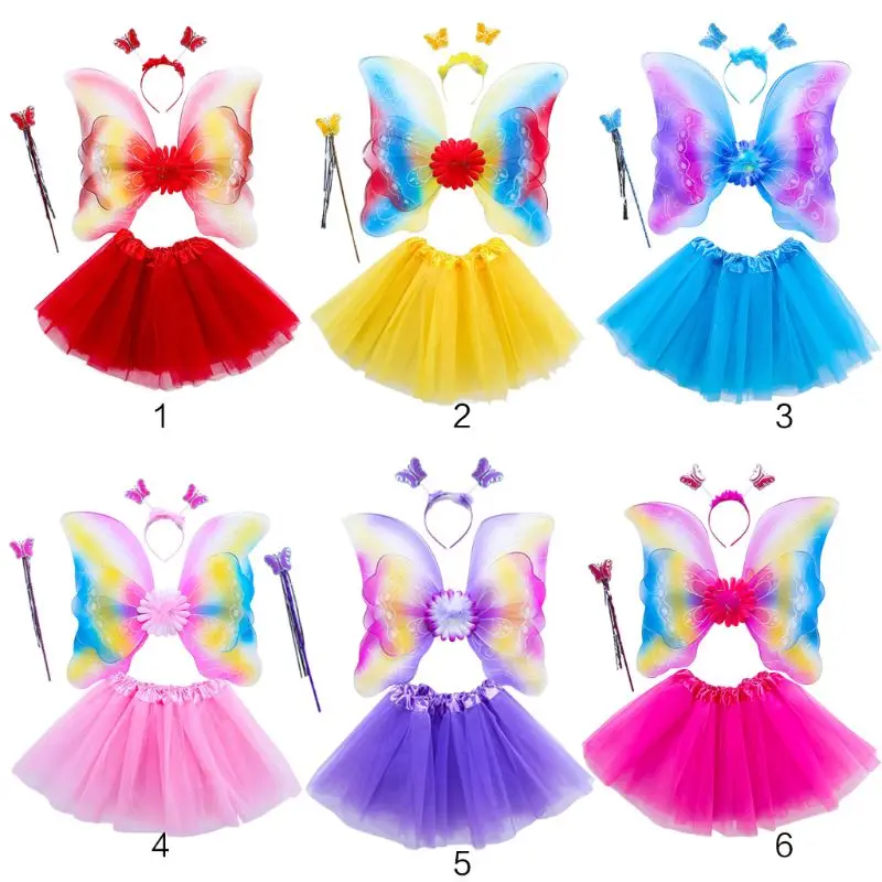 

652F Halloween Christmas Cosplay 4Pcs Fairy Princess Kids Fairy Costume Set Rainbow for Butterfly Wing Wand Headband Tutu Ski