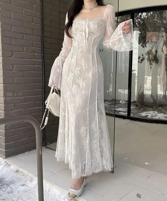 

Women's Dress Sexy Spicy Lace Long Sleeved Dress Pure Desire Style Slim Fit Exposed Backpack Buttocks Fish Tail Long Skirt